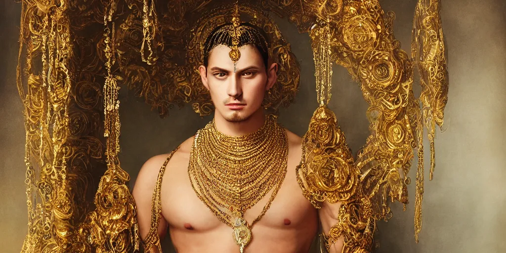 Image similar to dramatic studio portrait of a beautiful flawless symmetrical man wearing intricate otherworldly gold and white jewelry and wearing an ornate elegant gold headdress, hyper realism, very detailed