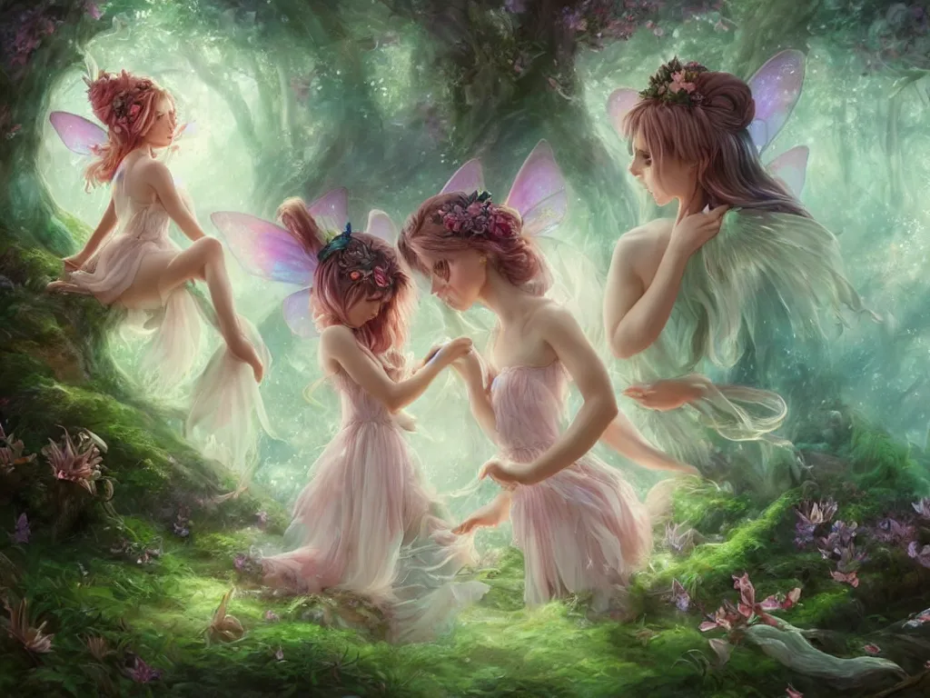 Image similar to two cute fairy in the dreamy forest, fantasy, dreamlike, 8 k resolution, hyper detailed, d & d, character design, digital painting, trending on artstation, sharp focus, illustration, art by artgerm, viktoria gavrilenko, hoang lap, fuji choko, steve zheng