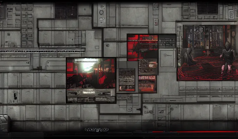Prompt: GUI for a nightmare gallery, cyberpunk, horror, System Shock 2, Shin Megami Tensei, Deus Ex