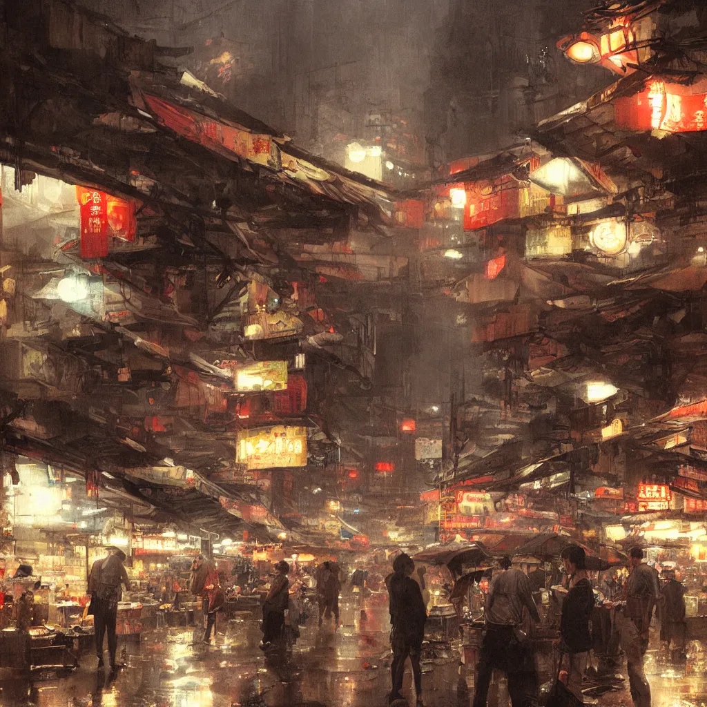 Image similar to an asian wet market at night, by greg rutkowski