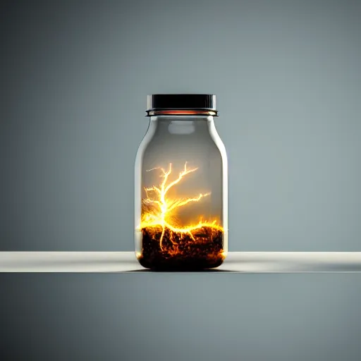 Prompt: lightning in a jar,photorealistic,studi photo,studio lighting,depth of field,focus lens