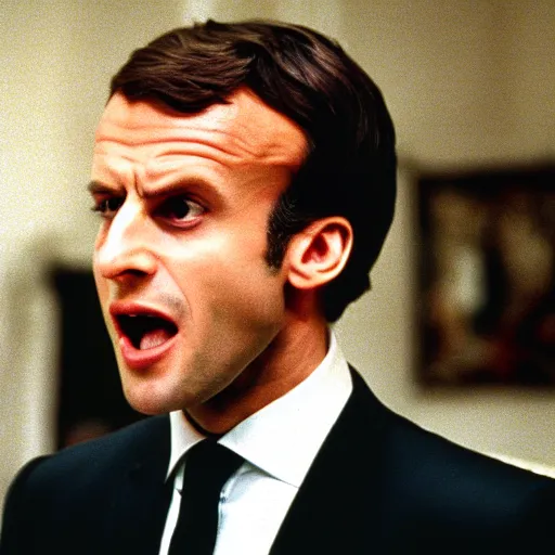 Prompt: Emmanuel Macron shouting in American Psycho (1999)