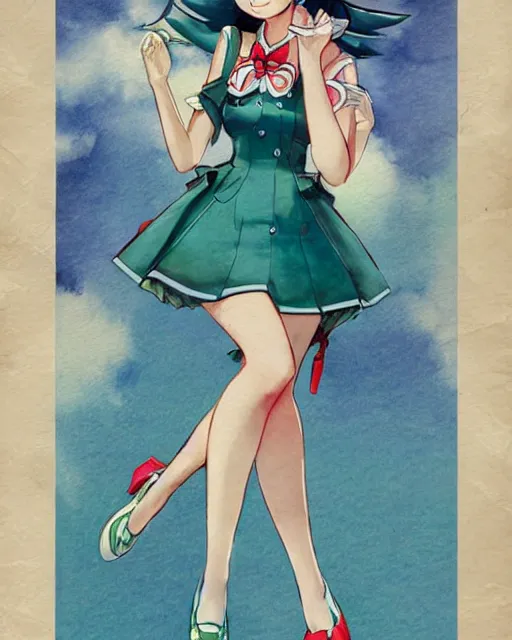 Image similar to Hatsune Miku full body pin up modeling in idol unioform, with a park in the back ground, post war style, detailed face, watercolor art style, by Gil Elvgren