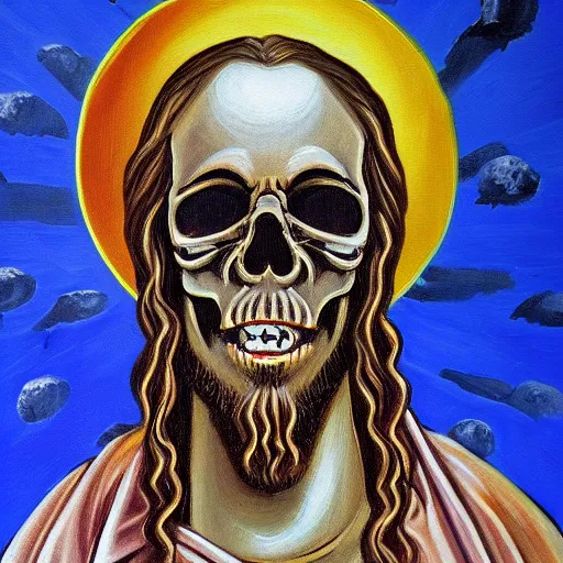 Image similar to a highly detailed oil painting of Jesus Christ with skull instead of face, standing inside the epicenter of thermonuclear blast mushroom on blue earth planet, going away, refusing to save humanity