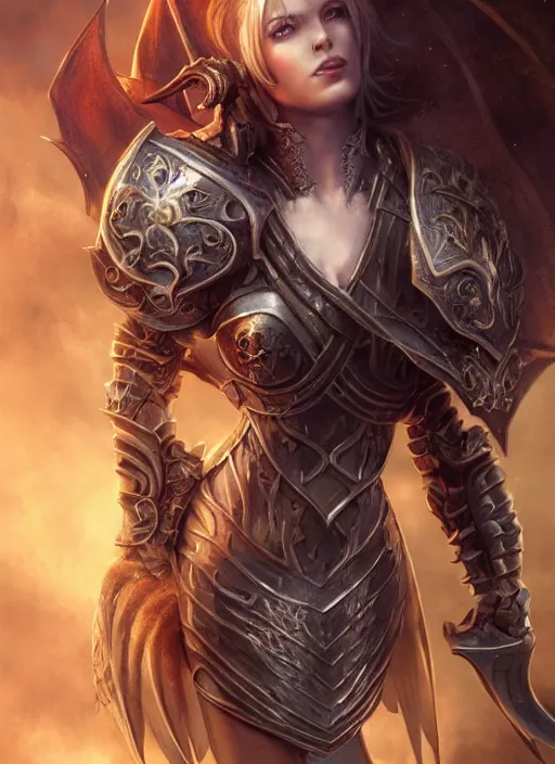 Image similar to a ruthless female paladin, full body, 8 k, hyperrealistic, dragon slayer, hyperdetailed, fantasy portrait by laura sava