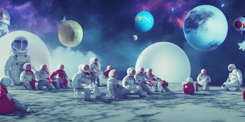 Image similar to twelve cosmonauts sitting by the river with a big holiday cake + octane render + ue 5 + planets and stars + mystical fog + psychedelic colors + super detail, high quality