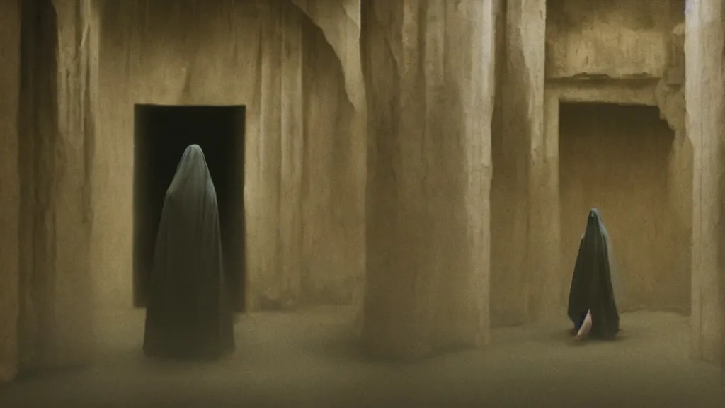 Prompt: a cloaked creature stalks a person through a Victorian theatre , film still from the movie directed by Denis Villeneuve with art direction by Zdzisław Beksiński, medium shot, shallow depth of field,