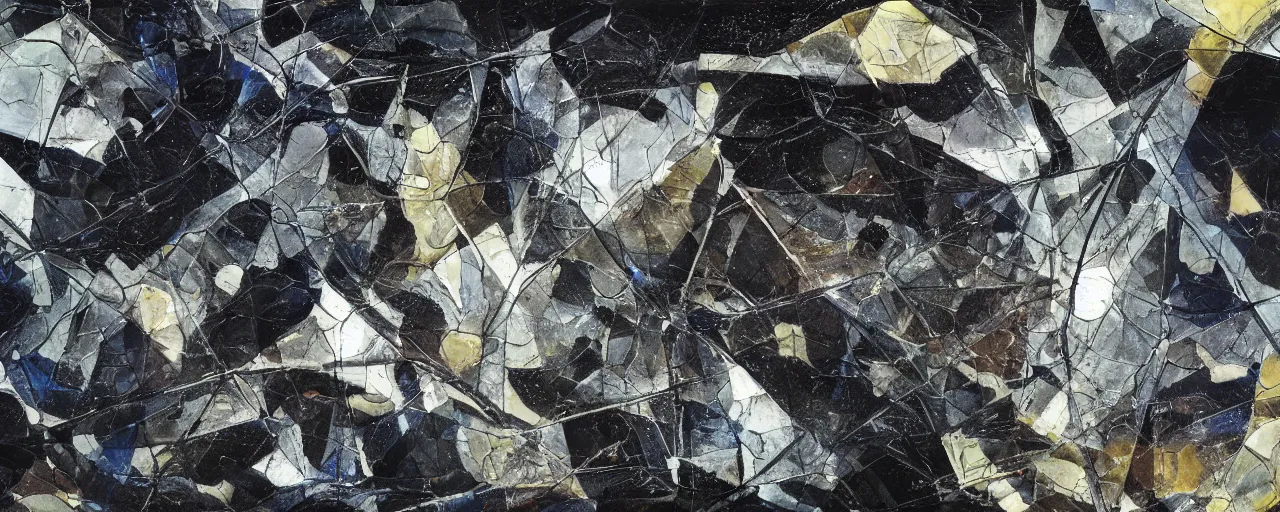 Prompt: a study of an autechre album cover, surrealism, post grunge concept art, chaotic 3d abstract impasto, hyperrealistic macro photography of obsidian shards, broken glass, geometric abstract art, by rene magritte, highly detailed, intricate, sharp focus, high detail, UHD, 4k