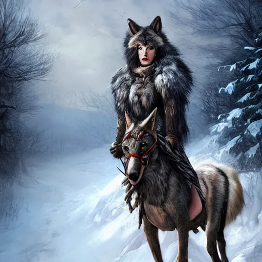 Image similar to a woman wearing wolf head pauldrons and a red wolf's fur warrior outfit, she is astride a great white horse, she has hunted recently, winter scene, hyper realistic, in the style of greg rutkowski, fantasy, amazing detail,