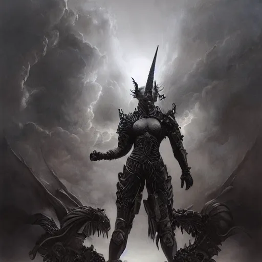 Image similar to By Tom Bagshaw and Boris Vallejo, ultra realist soft painting of a warzone by night, centered Gothic armored unicorn standing, horror, omnious sky, symmetry accurate features, very intricate details, black and white, volumetric light clouds