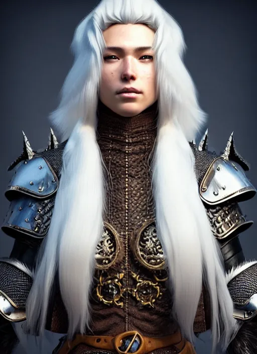 Image similar to fur leather armor!!! long wild white hair!! covered chest!!! fantasy, d & d, intricate ornate details, symmetry, concept art, sharp focus, illustration, art by artgerm! greg rutkowski magali villeneuve wlop! ilya kuvshinov!!, octane render, unreal engine 5, highly rendered!!