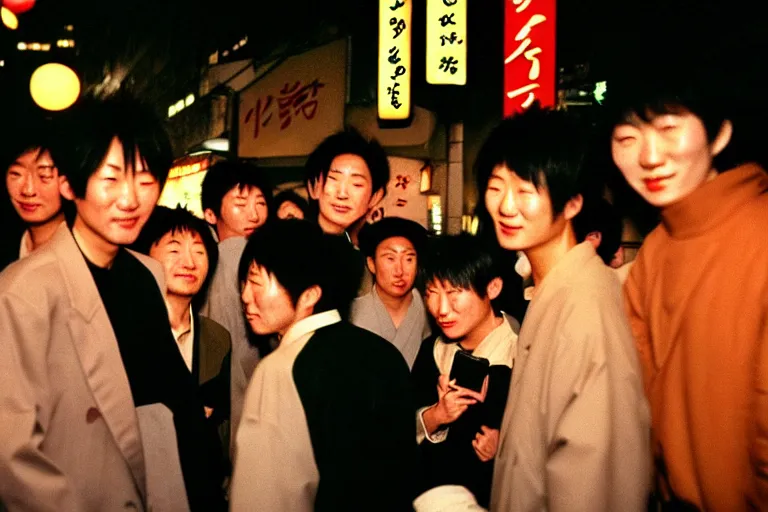 Image similar to masterful photography by haruto hoshi and yang seung woo and saul leiter, young people enjoying night life in kabuki cho japan in the 1 9 9 0 s, film grain, full color, shot on kodak gold with a canon 8 5 mm lens aperture f / 5. 6, hyperrealistic
