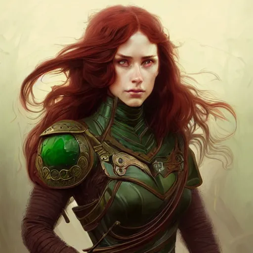 Image similar to Portrait of serious female ranger, D&D, green eyes, face, long red hair, fantasy, intricate, elegant, highly detailed, digital painting, artstation, concept art, smooth, sharp focus, illustration, art by artgerm and greg rutkowski and alphonse mucha