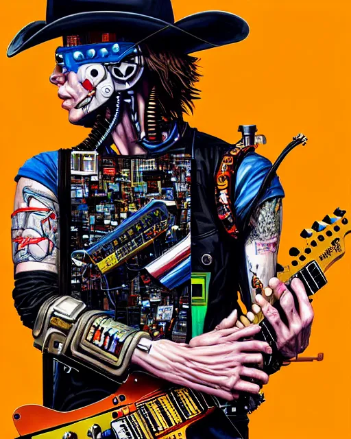 Image similar to a portrait of an anthropomorphic cyberpunk cowboy shredding an electric guitar by sandra chevrier, by jon foster, detailed render, tape deck, epic composition, cybernetics, 4 k realistic, cryengine, realistic shaded lighting, sharp focus, masterpiece, by enki bilal