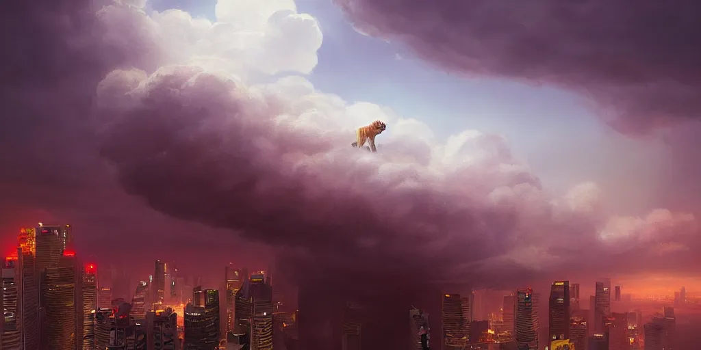 Image similar to Singapore city with a lion-shaped!!!!! cloud in the sky, by greg rutkowski, red and white lighting, digital art, ultra realistic, ultra detailed, photorealistic, 4k, character concept