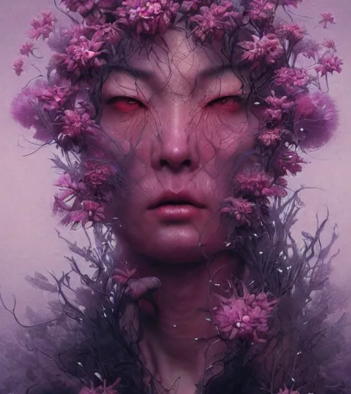 Prompt: portrait, beautiful madness, flowers by wayne barlowe, toru kamei, artgerm and greg rutkowski, tanaka suguru, itsuko azuma, kinuko y. craft, mysterious, abstract aesthetic!!! hyper detailed