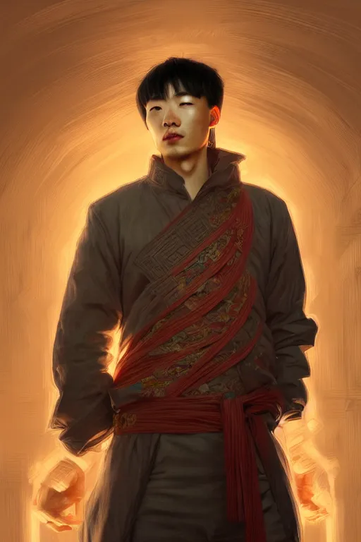 Image similar to clear portrait of a chinese attractive men, cottagecore!!, background hyper detailed, character concept, full body, dynamic pose, glowing lights!! intricate, elegant, highly detailed, digital painting, artstation, concept art, smooth, sharp focus, illustration, art by artgerm and greg rutkowski and alphonse mucha