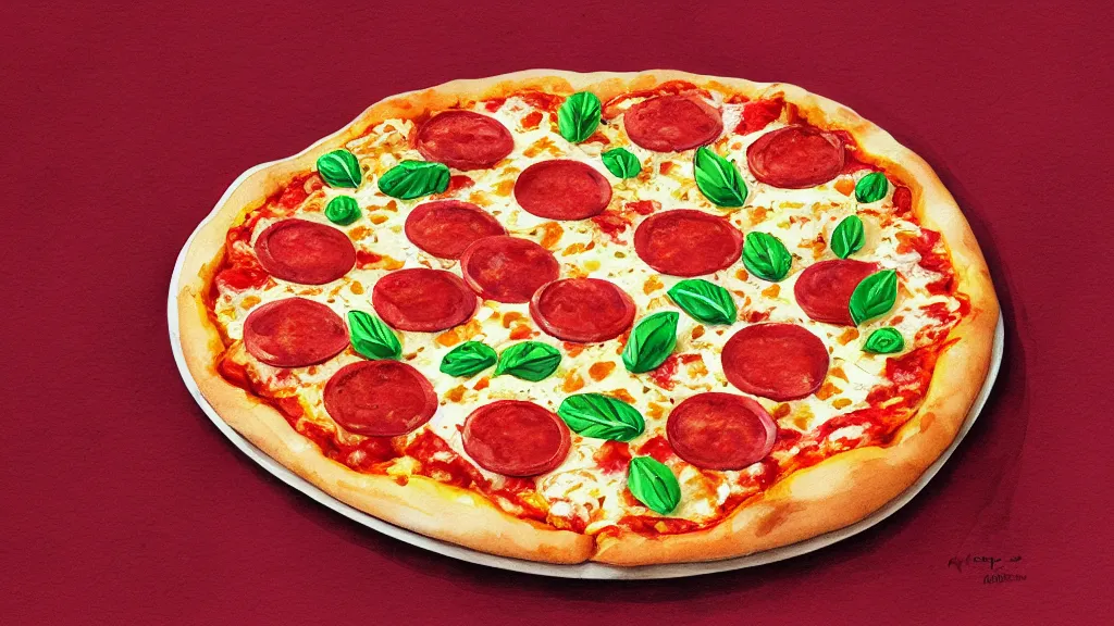 Prompt: delicious italian pizza, kseniia yeromenko, rob duenas, watercolor, illustration, red background, highly detailed, 4 k