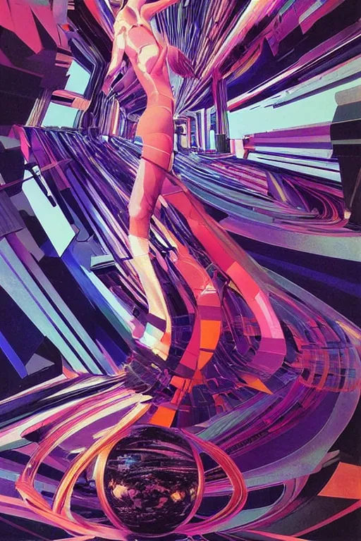 Image similar to wideangle portrait, a wild dancer tangled in broken tensor fields, madness, decoherence, synthwave, glitch!!, fractured reality, vortex, realistic, hyperdetailed, concept art, art by syd mead, cubism