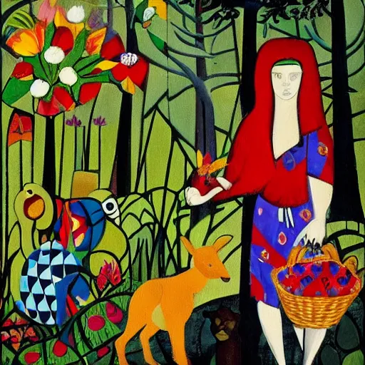 Image similar to In the painting Vasilisa can be seen standing in the forest, surrounded by animals. She is holding a basket of flowers in one hand and a spindle in the other. Her face is turned towards the viewer, with a gentle expression. In the background, the forest is depicted as a dark and mysterious place. constructivist by Romero Britto amorphous, lines