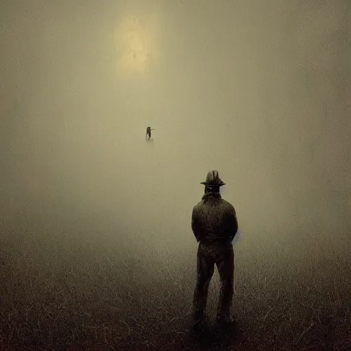 Image similar to a horror art of goose chasing a man, very dreadful goose looking at the viewer, goose, matte painting, dnd, trending on artstation, volumetric lighting, realistic shaded, zdislaw beksinski, spooky, horror art, panic, dread, terror