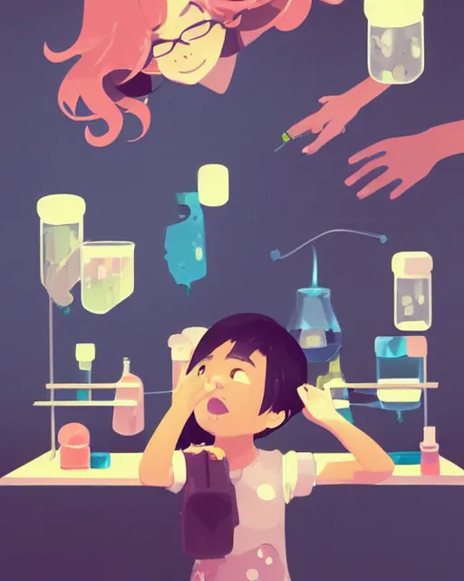 Image similar to a little girl is doing a science experiment. clean cel shaded vector art. minimalist illustration art by lois van baarle, artgerm, helen huang, petros afshar by makoto shinkai and ilya kuvshinov, rossdraws