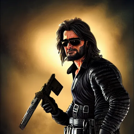 Image similar to Snake Plissken standing next to an alien, digital art, trending on artstation, highly detailed