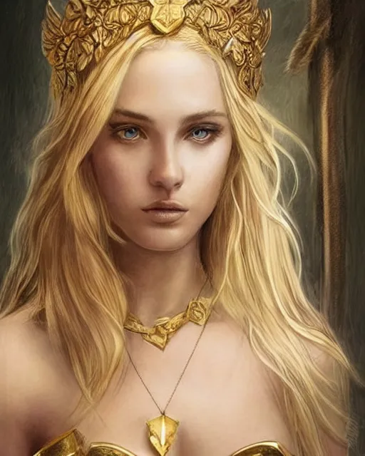 Image similar to tattoo sketch of hot blonde super model as aphrodite greek goddess wearing a gold laurel wreath and triangle earrings, beautiful piercing gaze with sharp pupils, in the style of greg rutkowski, fantasy, amazing detail, epic, elegant, smooth, sharp focus, front view