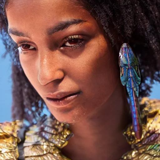 Image similar to brown woman wearing a shiny dragonfly armor. shimmering. iridiscent. thin - film interference. super detailed. layered. textured. award winning. dispersion of light. refracted lighting. soft. fragile. vunerable. extremely photorealistic. 8 k