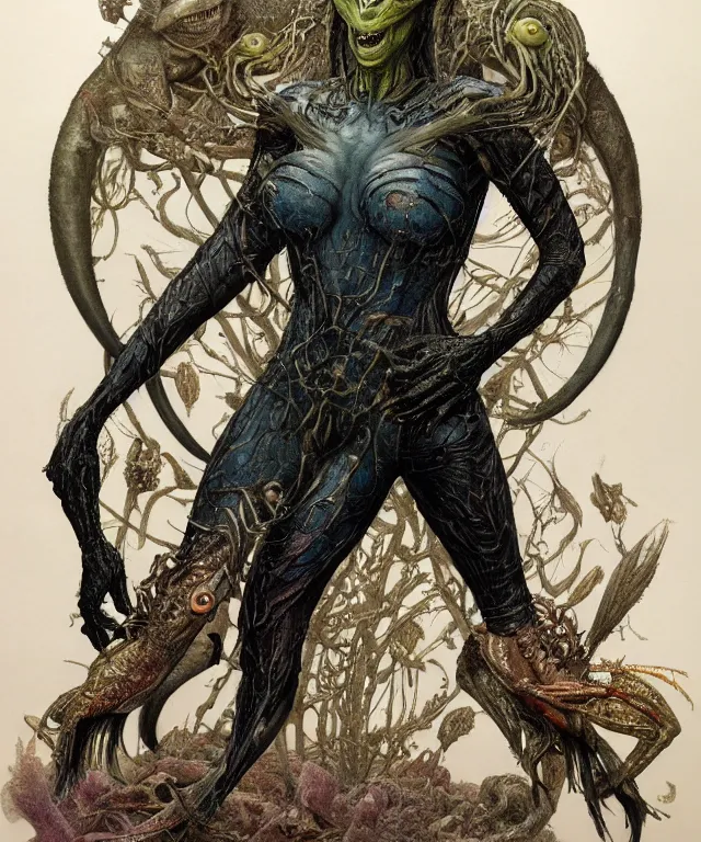 Prompt: a portrait photograph of a muscular emily blunt as a strong alien harpy queen with slimy amphibian skin. she is trying on a black bulbous infected slimy organic membrane parasite catsuit and transforming into an insectoid amphibian. by donato giancola, walton ford, ernst haeckel, brian froud, hr giger. 8 k, cgsociety