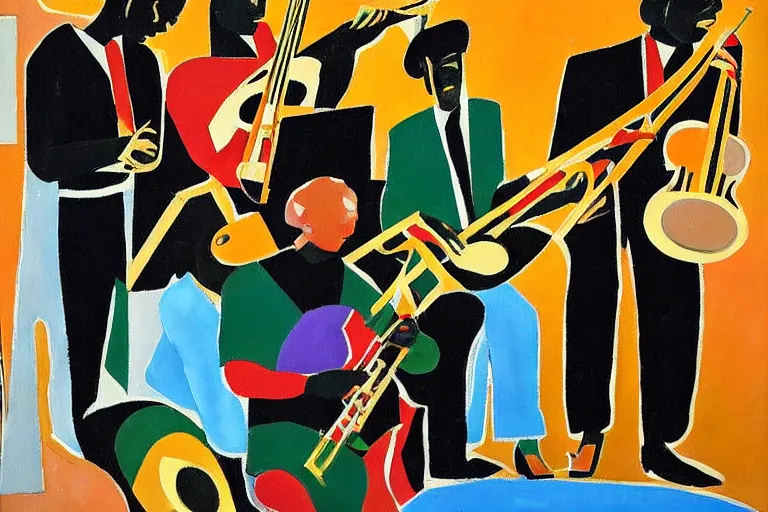 Image similar to a painting of a group of men playing instruments, a jazz band in new orleans, an ultrafine detailed painting by romare bearden, behance, black arts movement, artwork, fauvism, academic art