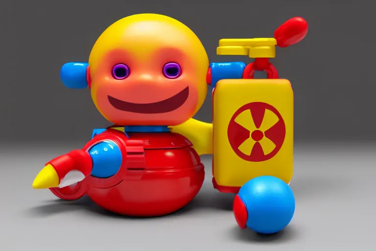 Image similar to product photo of toy nuclear bomb made by fisher price, colorful plastic, high quality, intricate detail, realistic textures, octane render, unreal engine 5, hyperrealism