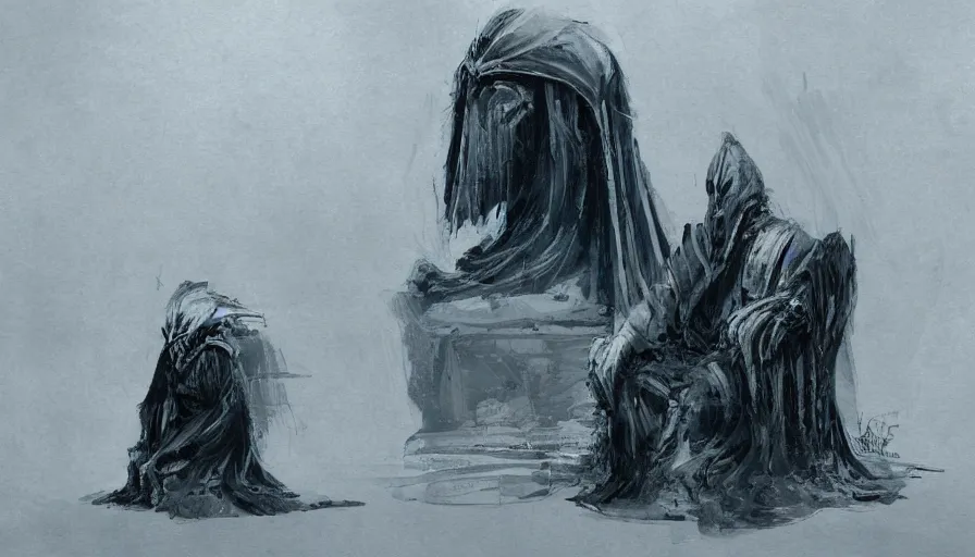 Image similar to A Big Enigmatic Hooded Being sits on his throne, low angle shot, concept art, denis villeneuve