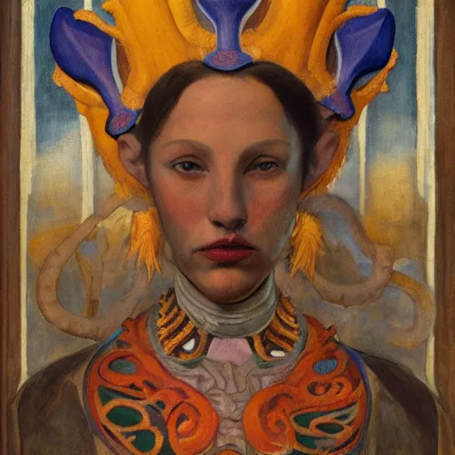 Image similar to the tentacle crown, by Annie Swynnerton and Nicholas Roerich and Diego Rivera, scaled skin, elaborate costume, geometric ornament, symbolist, rich color, dramatic cinematic lighting, smooth, sharp focus, extremely detailed
