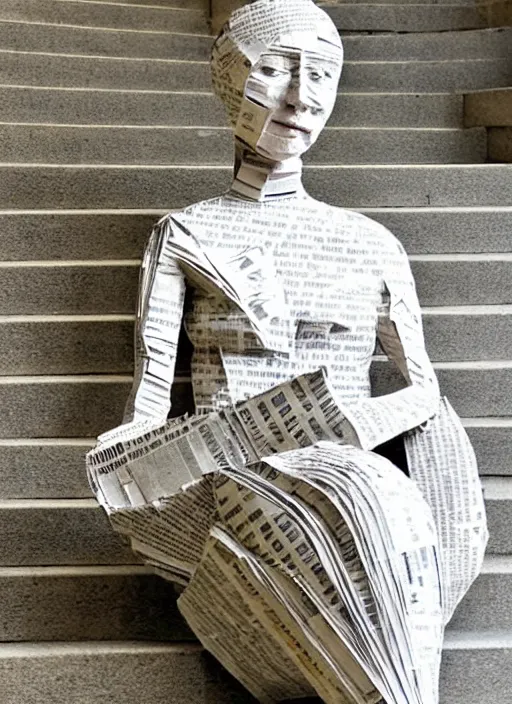 Image similar to a portrait of a beautiful young woman paper mache wrapped and made of newspaper, sitting relax and happy, marble stairs on the the backgroundhyper realistic, 8 k,