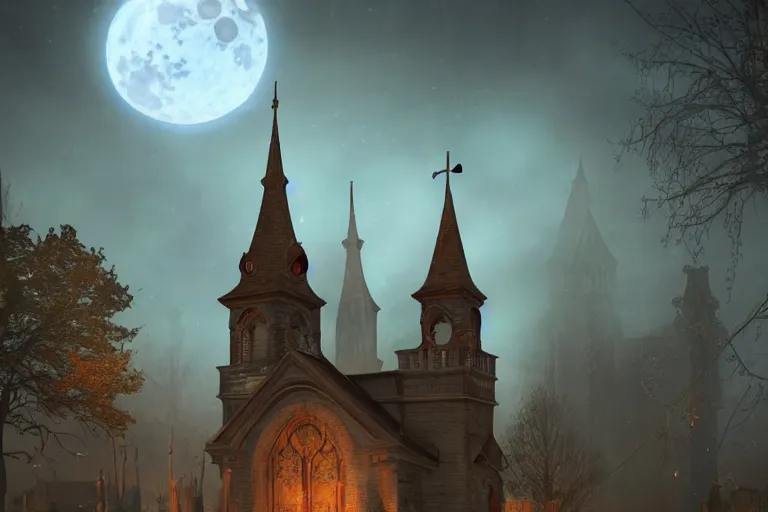 Image similar to an ultra detailed animation of a church steeple in a graveyard at midnight on halloween, digital art, dark fantasy, concept art, soulslike, by alphonse mucha, blood moon eclipse, ruined building in the background, artstation, 8 k, unreal engine render