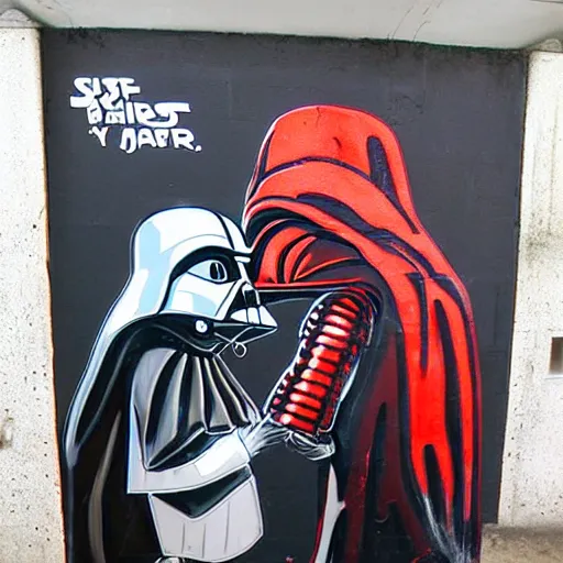 Image similar to banky street - art of darth vader kissing jar jar binks