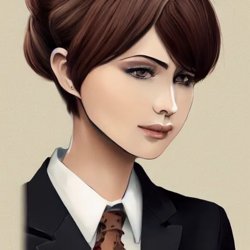 Image similar to woman in business suit, brown neat hair, animesque, pixiv, fanbox, trending on artstation, digital art, portrait, modern, sleek, highly detailed, formal, serious, determined, competent, colorized, smooth, charming, pretty, safe for work, law office