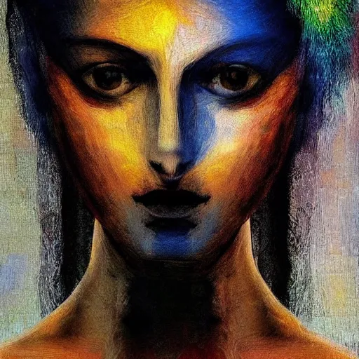 Prompt: The computer art is an abstract portrait of a woman. The woman's face is divided into two halves, one half is black and the other is white. The woman's eyes are large and staring. The computer art is full of energy and movement. post-impressionism by Enki Bilal, by Paolo Roversi calm, ultradetailed