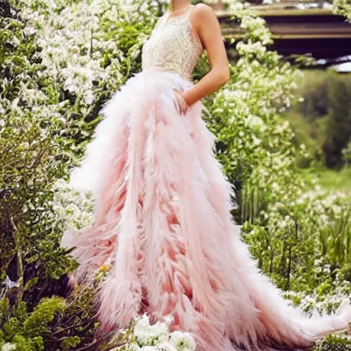 Image similar to light pink wedding dress. with white large exotic large, exotic. flowers. of zigzag intricate pattern of green fluffy. herbs. in the fantasy style. dress with train. hyper - realistic photo.