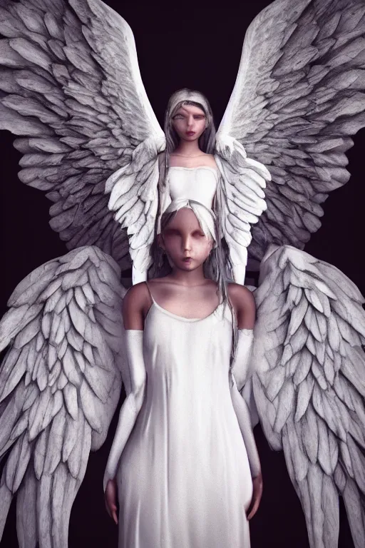 Prompt: wide angle portrait of a pure white angel subjugated to hate. One of the wings is black. dark fantasy, photoreal, octane render