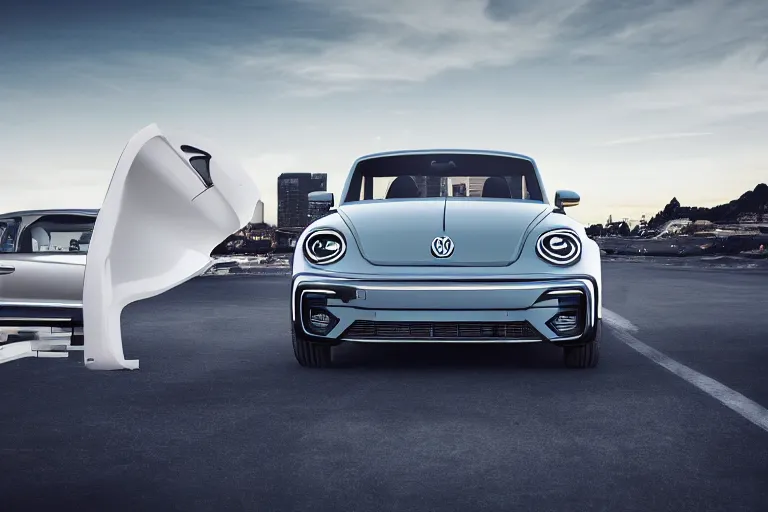 Image similar to Advertisement banner of the new electric Volkswagen Beetle 2023, silver chrome color, minimalist lines, gullwing side doors open!!! wooden interior, retro futuristic style!!!!! 4k,professional photograph, award winning advertising, creative