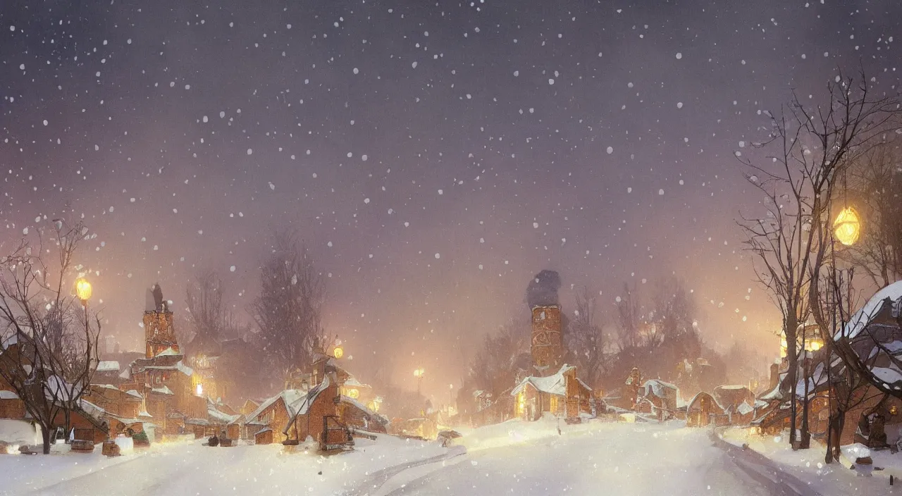 Prompt: A beautiful landscape painting of a small village in the snow at night, smoke rising from the chimneys, by Alfons Maria Mucha and Julie Dillon and Makoto Shinkai