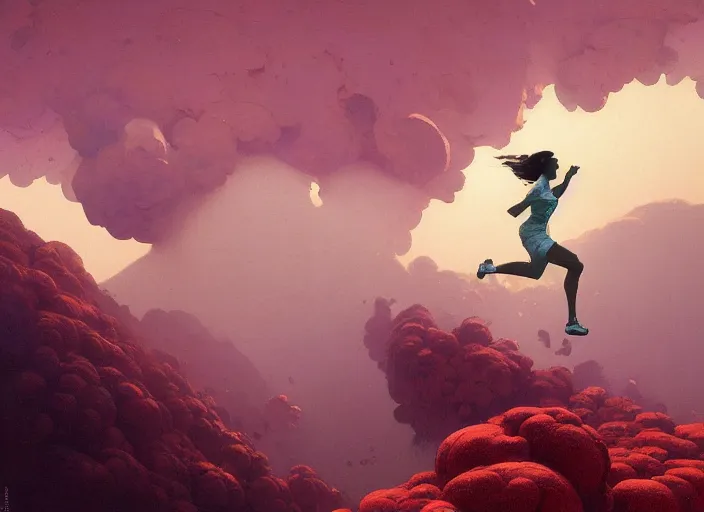 Prompt: aerial side shot of a beautiful inspiring girl running on a trail made of gelato in Mandelbrot fractal by Craig Mullins, ilya kuvshinov, krenz cushart, artgerm trending on artstation by Edward Hopper and Dan Mumford and WLOP and Rutkovsky, beksinski carl spitzweg moebius and tuomas kocar, intricate artwork by caravaggio, Unreal Engine 5, Lumen, Nanite