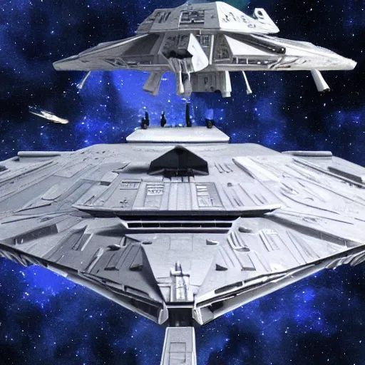 Prompt: star destroyer from star wars battling the uss enterprise from star trek, digital painting, digital art, trending on artstation