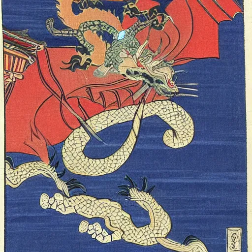 Image similar to samurai cat, riding a dragon, edo style art
