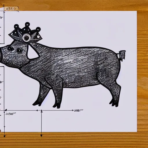 Image similar to walking pig wearing crown technical drawing