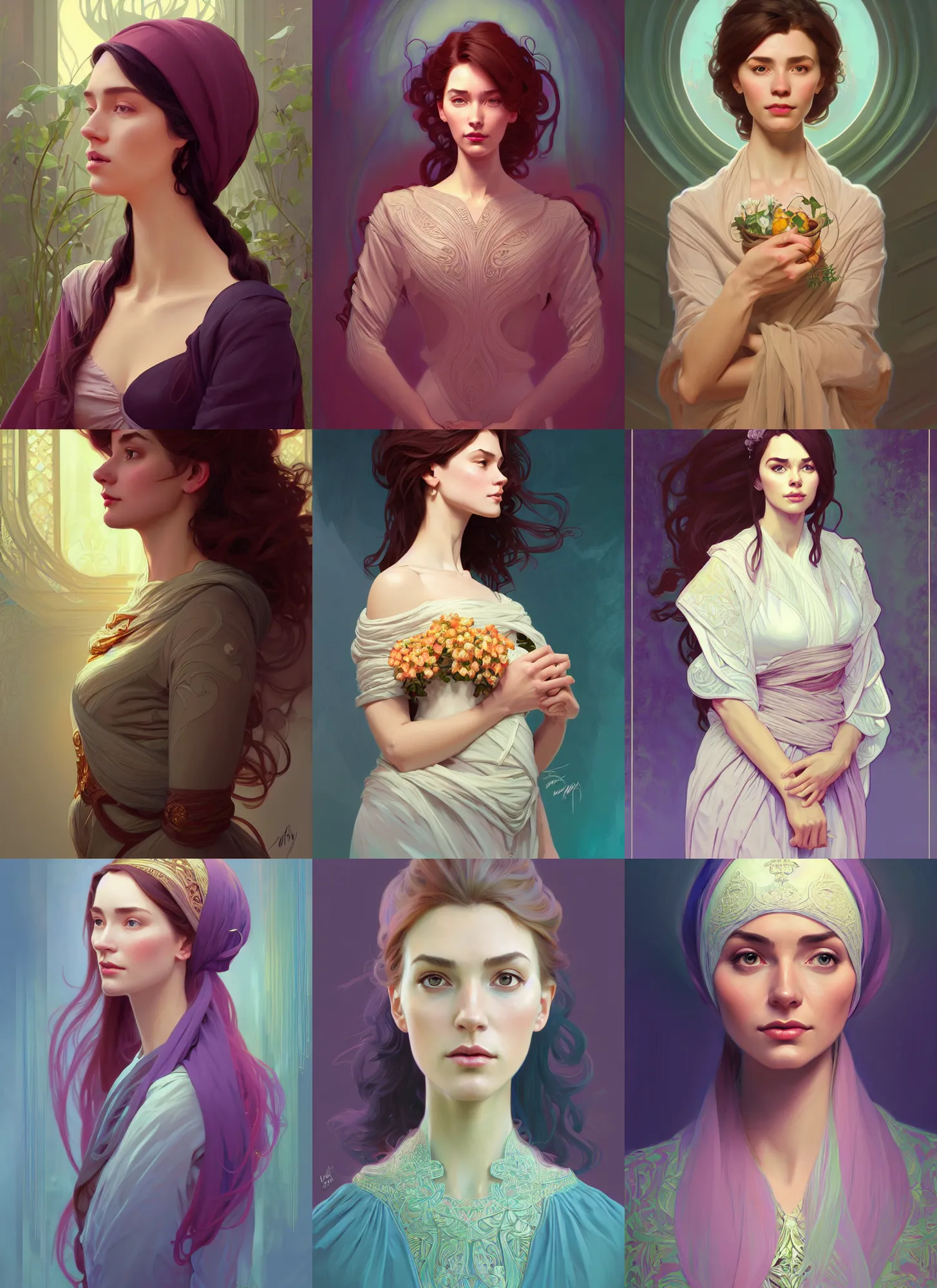 Image similar to character concept portrait of me as modest wife blessed by god to grow ever more intelligent beautiful voluminous muscular tall healthy and virtuous. modestly clothed, intricate, elegant, highly detailed, digital painting, artstation, concept art, symmetry, smooth, sharp focus, illustration, art by mandy jurgens and alphonse mucha and alena aenami