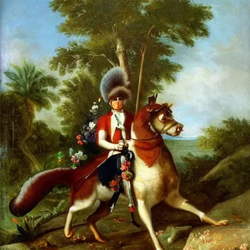 Image similar to a giant squirrel!!!! carrying napoleon bonaparte on its back, beach scene with flowers and foliage, detailed oil painting