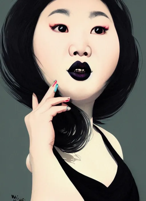 Prompt: portrait of a plump korean woman with a crooked nose and a confident expression, 1 9 6 0 s, black clothes, goth, punk, brightly coloured hair, funk, intricate, elegant, highly detailed, digital painting, artstation, concept art, smooth, sharp focus, illustration, art by wlop, mars ravelo and greg rutkowski
